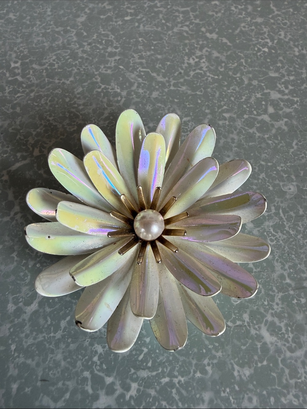 Vintage iridescent flower brooch with pearl centre